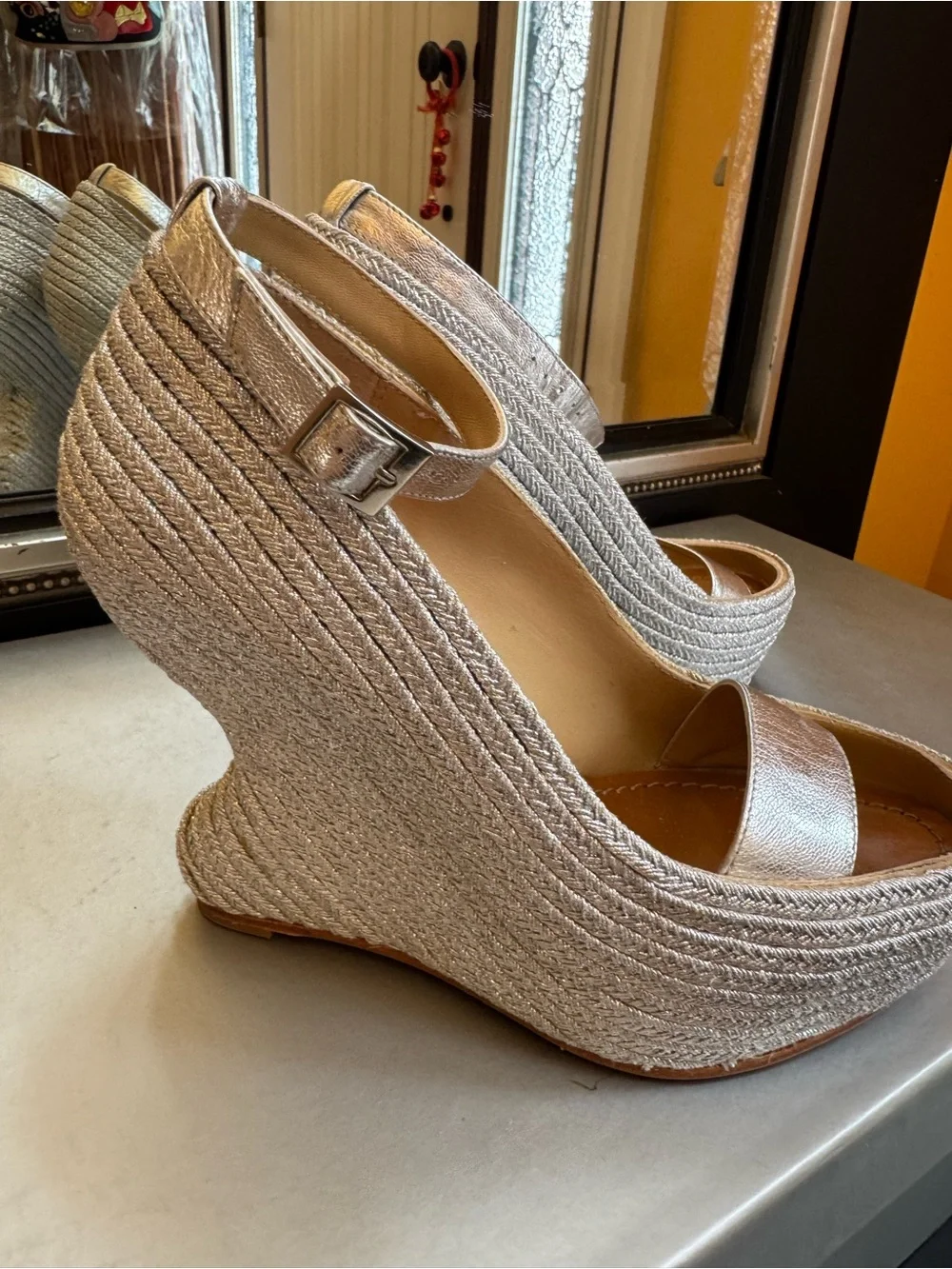 Paloma Barceló Metallic Silver Platform Peep-Toe Sandals with Ankle Strap